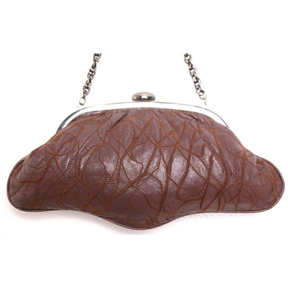 INGE PATCHWORK BROWN GENUINE LEATHER FRAME CHAIN HANDBAG SHOULDER BAG CLUTCH - Picture 3 of 10